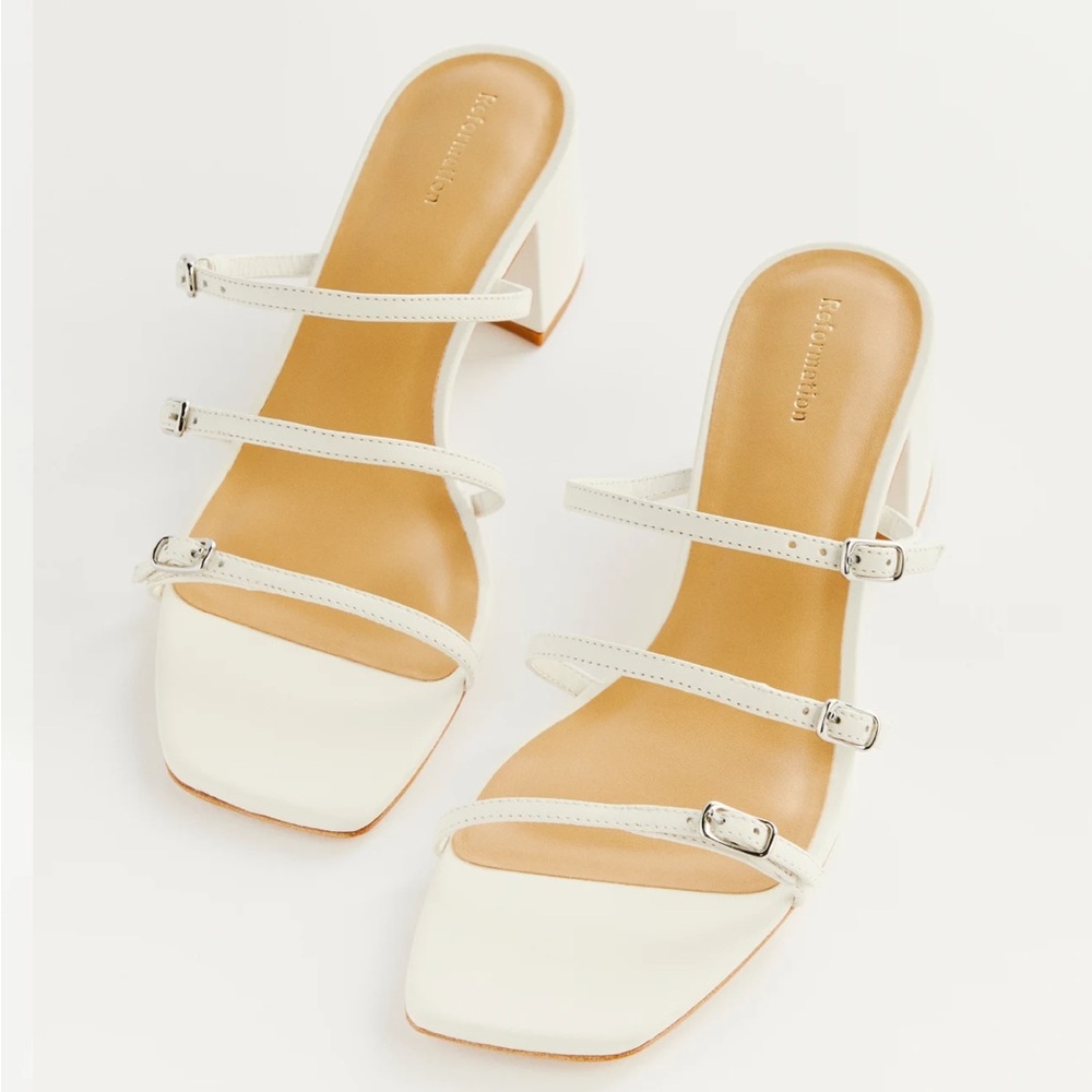 Reformation White Strappy Square-Toe Block Heel Sandals